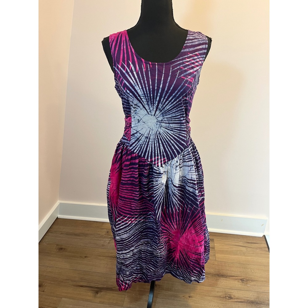 Caribelle Batik St Kitts Nevis Cotton Midi Dress Purple Pink Sunburst Womens M